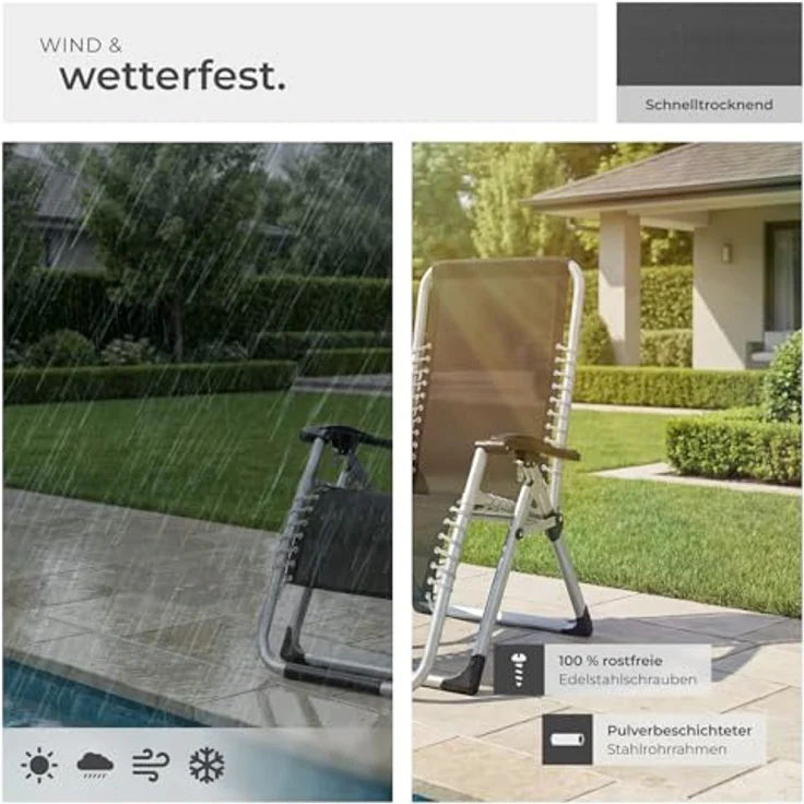 tectake® Sonnenliege klappbar, Liegestuhl, Gartenliege stufenlos verstellbar, Outdoor Sessel für Balkon oder Garten, Liege mit extra Dicker Auflage, Relaxliege belastbar bis 200kg (Hellgrau) – Bild 9