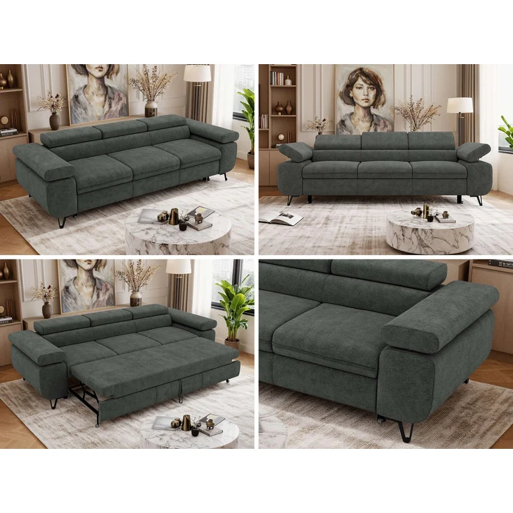 Polstersofa PETER, Sofa 3-Sitzer mit Schlaffunktion, verstellbaren Armlehnen und Kopfstütze, Gepolsterte Couch, Wellenfeder - Dunkelgrau Struktur – Bild 2