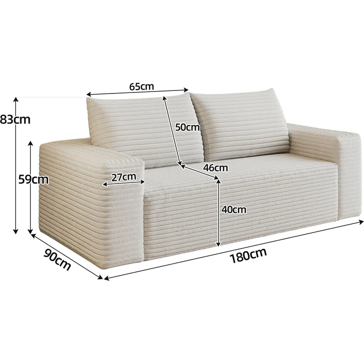 EINHOM 180 cm, Bequemes Corduroy-Sofa, Mit tiefer SitzflächeLoveseat-Kleinsofa, Boneless Modular Sofa, Schwamm, Keine Montage erforderlich, Kompressions sofas for Wohnzimmer, Schlafzimmer, Wohnung, Creamy White – Bild 2