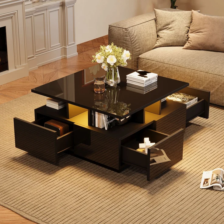 Merax Couchtisch mit LED licht, sofatisch mit 4 schubladen, Beistelltisch, Schwarz – Bild 3