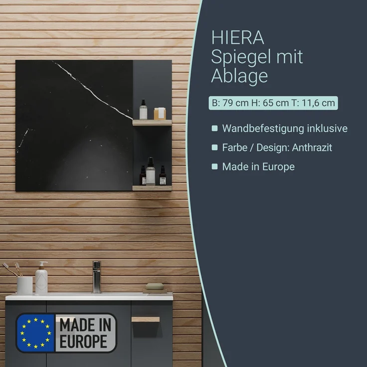BADEDU HIERA Spiegel 79 cm breit, Anthrazit, zwei Ablagen – Bild 2