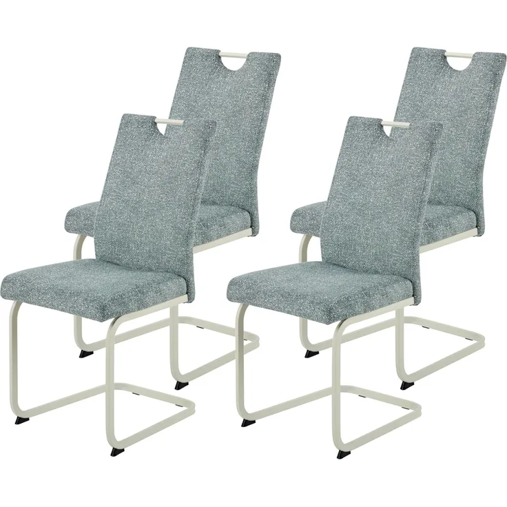 Hela Tische, 4er Set Freischwinger, Küchenstuhl Tivoli, Bezug Webstoff Mint Boucleòptik, Vierkant-Gestell Perlweiß, ergonomische Lehne mit Griff, 140kg belastbar