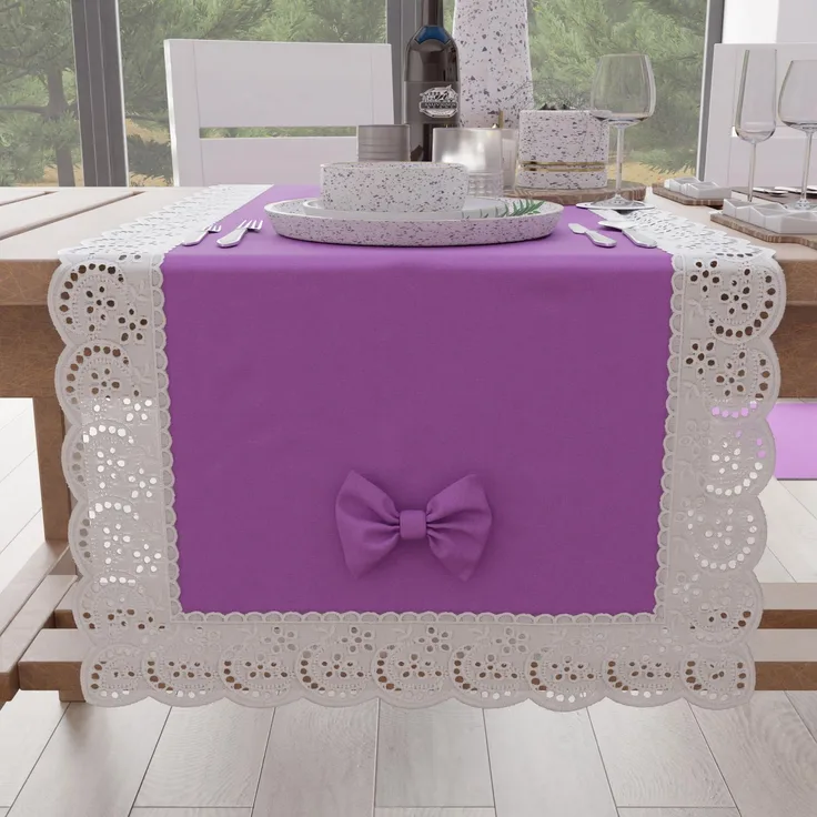 PETTI Artigiani Italiani - Eleganter Tischläufer für Küche, Einfarbig Mit Rüschen Aus Spitze, Fransen und Schleifen, Aus Baumwolle, 40 x 140 cm, 100