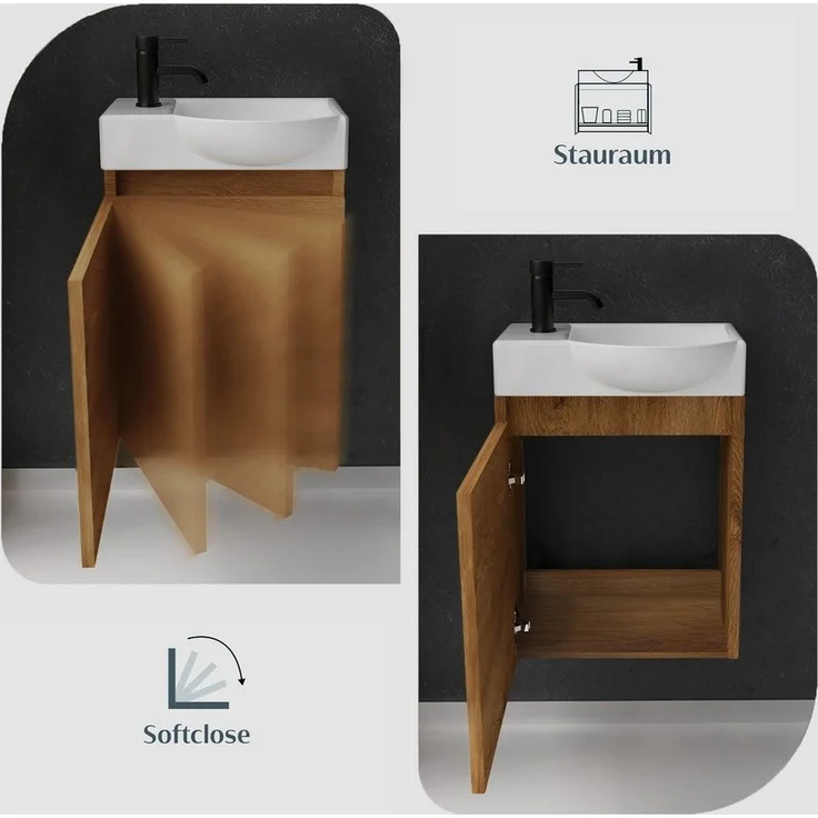 Alpenberger Badmöbel-Set Gäste WC Waschbecken mit Unterschrank - Hängeschrank Vormontiert, (Washbasin - Waschtisch Set, Schmales Waschbecken mit Unterschrank), Waschbecken mit Unterschrank Holzoptik - Gäste WC Set – Bild 3