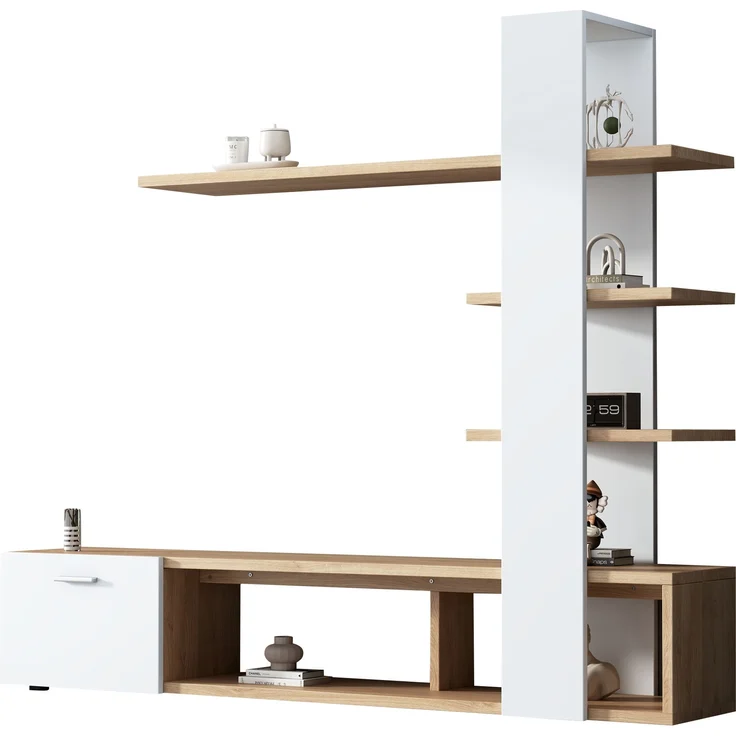 TV-Wandschrank Weiß Holzdekor für Fernseher bis 60 Zoll, Entertainment-Center mit offenen Regalen und Tür, schwebende Bücherregale – Bild 10