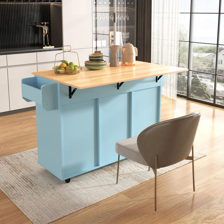 Küchenwagen B 139 x T 46(71) x H 91,5 cm, blau, MDF mit klappbarer Arbeitsplatte – Bild 3