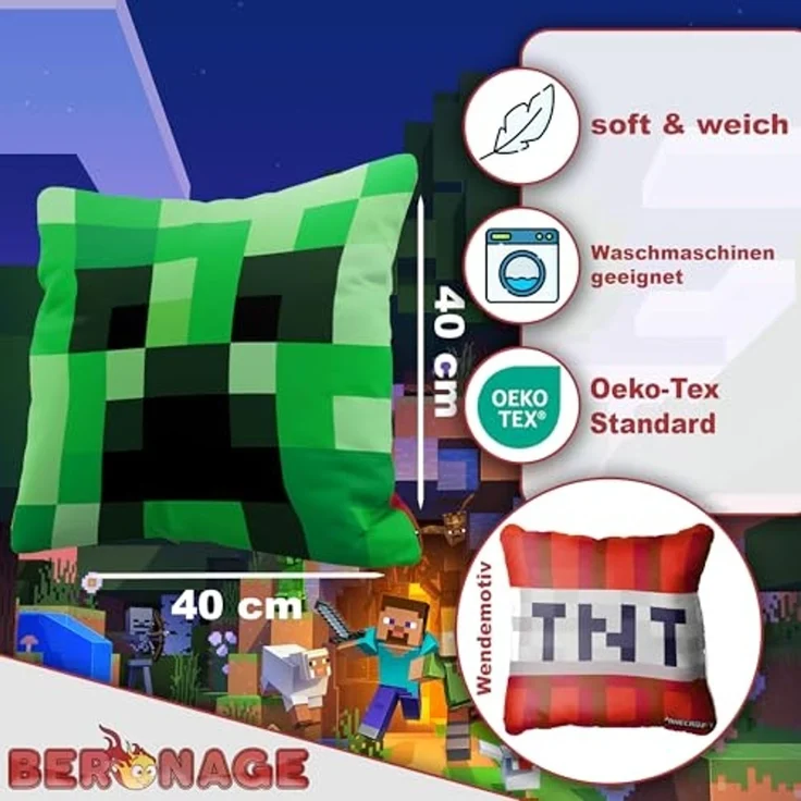BERONAGE Dekokissen Minecraft Kissen Creeper & TNT 40x40 cm Kuschelkissen Sofakissen, passend zur Bettwäsche, ideal für Sofa, Couch, Kinder-Bett, Auto – Bild 2