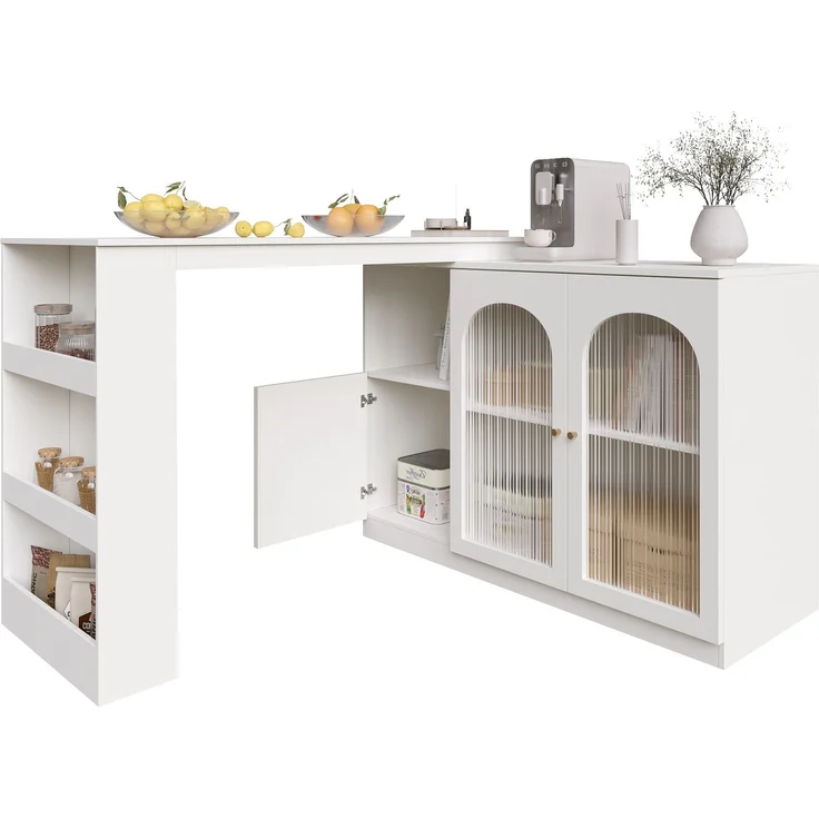 Esszimmerschrank Sideboard Weiß mit 360° Drehfunktion, Changhong-Glas Türen,Aufbewahrungsschrank mit Regalen und Schubladen – Bild 10