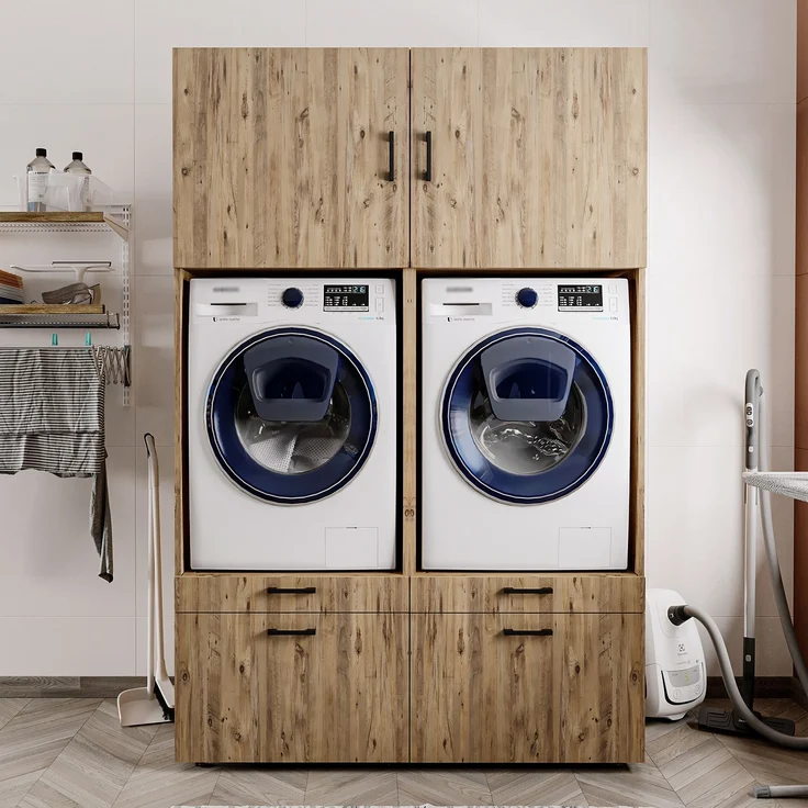 Roomart Waschmaschinenschrank Doppelschrank - SERIE 2 – 134 cm breit, Überbauschrank für Waschküche & Hauswirtschaftsraum– mit Ausziehbrett – • Eiche – Bild 3