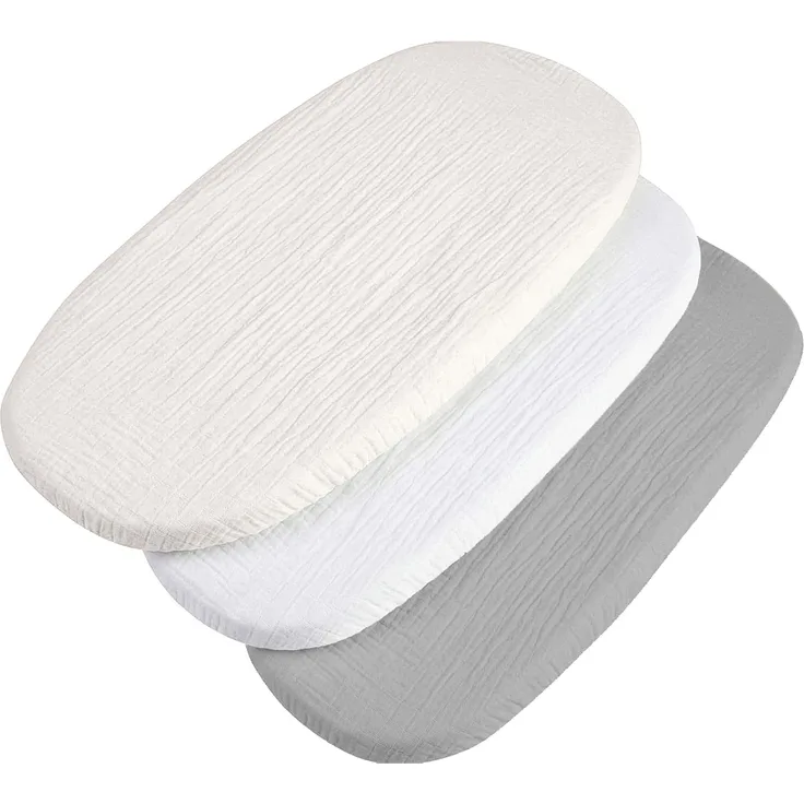 Medi Partners Spannbettlaken Musselin Baby Kinderwagen Laken 86x40 3-Pack Bettlaken Stubenwagen - 100% Baumwolle Musselinlaken Fitted Sheet für Beistellbett Babybett Bezug (Beige-Weiß-Graue)