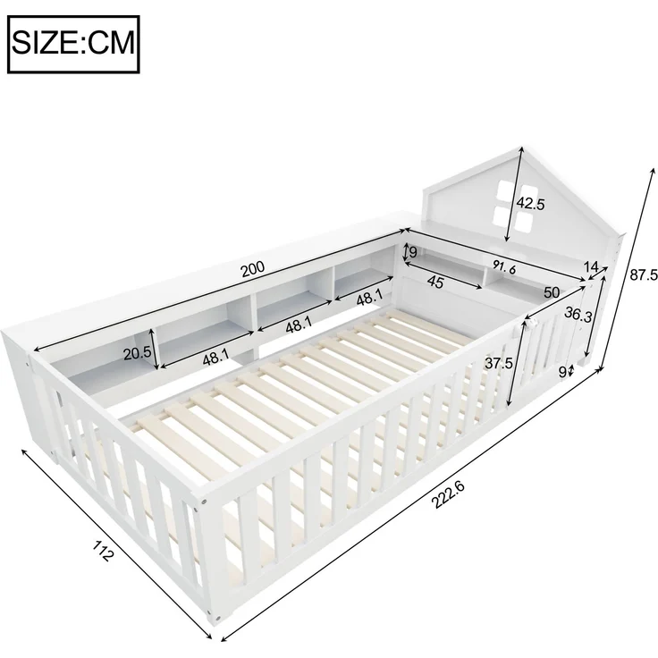 Kinder Hausbett aus Massivholz mit Stauraum, Sicherheitsgeländer & kleiner Tür,mit Dachdesign, Fensteroptik & Regalfächern,Weiß – Bild 4