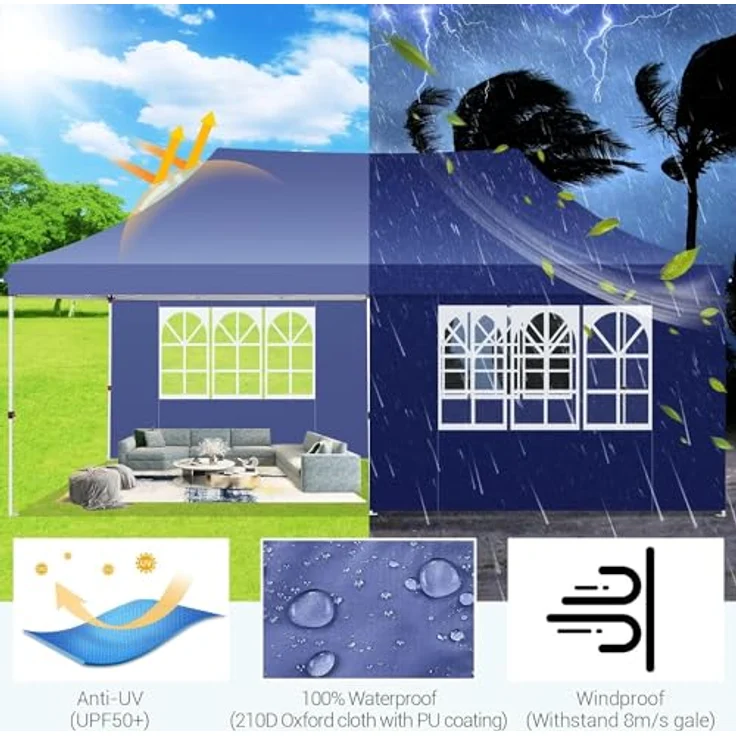 COBIZI Faltpavillon 3X6, Pavillon 3x6 m Wasserdicht Stabil Winterfest, Faltbar Partyzelt mit 6 Seitenwänden & 4 Sandsack Pop up Gartenpavillon Anti-UV für Hochzeiten, Freien, Marineblau – Bild 7