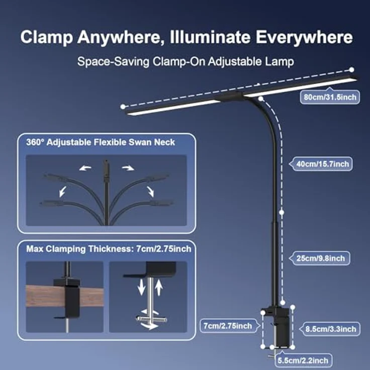 YICAIZI Schreibtischlampe LED Dimmbar - 1500LM 24W Klemmbar Büroschreibtischlampe mit Fernbedienung, 80CM Schwanenhals Schreibtisch Lampe USB-Ladeanschluss, für Büro & Zuhause, Schwarz – Bild 8