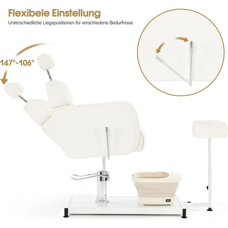 BarberPub Pediküre Stuhl mit Fußbadewanne & Pediküre Hocker, Friseurstuhl Höhenverstellbar & Kippbar, Rückenlehne & Kopfstütze Ausziehbar, Fußpflegestuhl für Nagelstudio F0380 (Weiß) – Bild 4