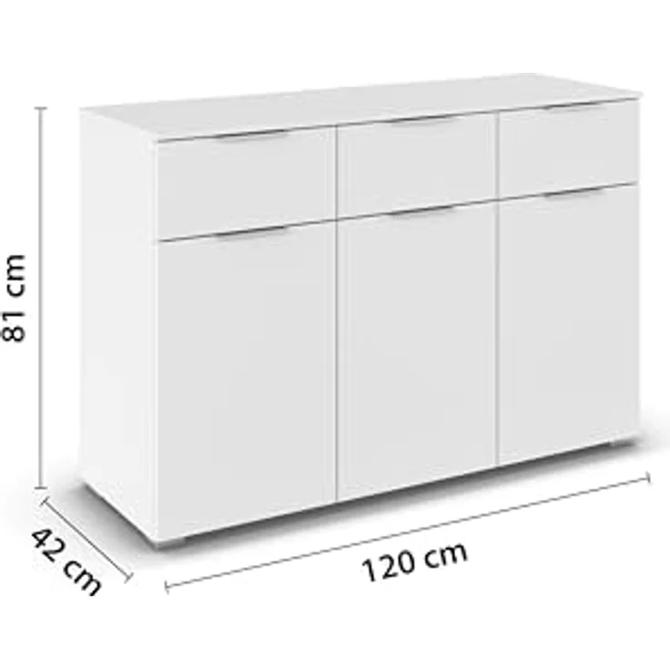 Rauch Möbel Alabama, Kommode für Schlafzimmer, Kinderzimmer, Garderobe, Flur, 3-türig, mit 3 Schubladen, Soft-Close-Fuktion, Farbe Weiß, Griff Alufarben, Maße 120 x 81 x 42 cm – Bild 4