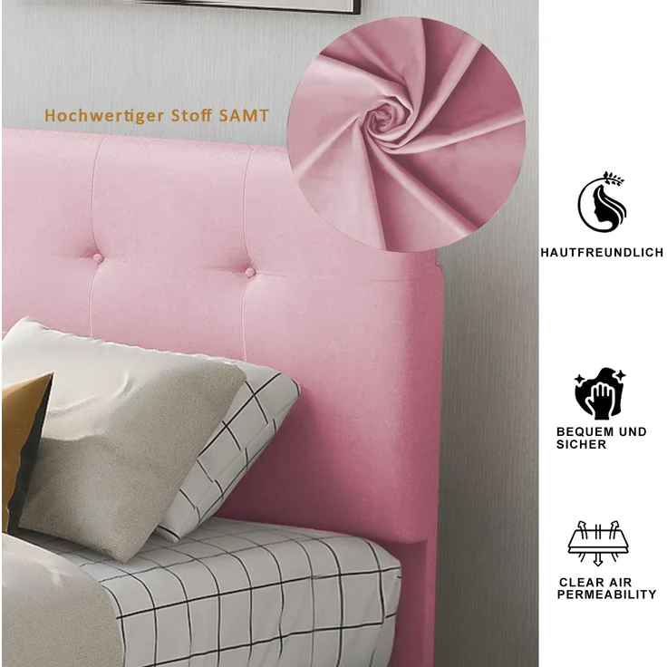 Polsterbett, 90 x 200 cm Bett mit Lattenrost, Rückenlehne und zwei Schubladen, hautfreundlicher Samtstoff, Beige flaches Einzelbett Kinderbett Jugendbett Gästebett, Samtstoff, Beige/Rosa, 90 x 200 cm – Bild 5