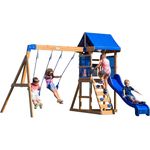 Backyard Discovery Spielturm Aurora aus Holz XXL Spielhaus für Kinder mit Rutsche, Schaukeln und Kletterleiter | Braun, blau | Holz | 271.8 cm