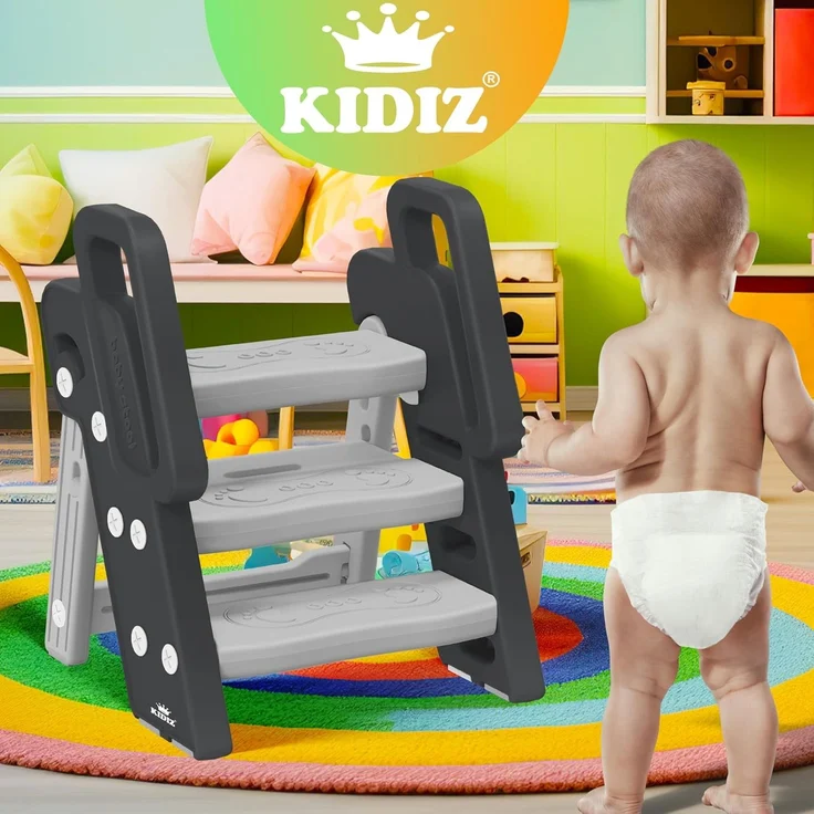 KIDIZ® Tritthocker für Kinder Trittleiter Klappbar mit 3 Stufen | Faltbarer Lern-Turm ab 18 Monaten bis 6 Jahren | Robust | Sicherer & Stabiler Trittschemel | Höhenverstellbar Rutschfest Anthrazit / Grau – Bild 5