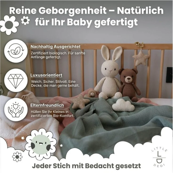 Babydecke Baby Strickdecke, %100 Bio Baumwolle, Atmungsaktiv 80x100cm Dunkelgrün, Little Dedi – Bild 2