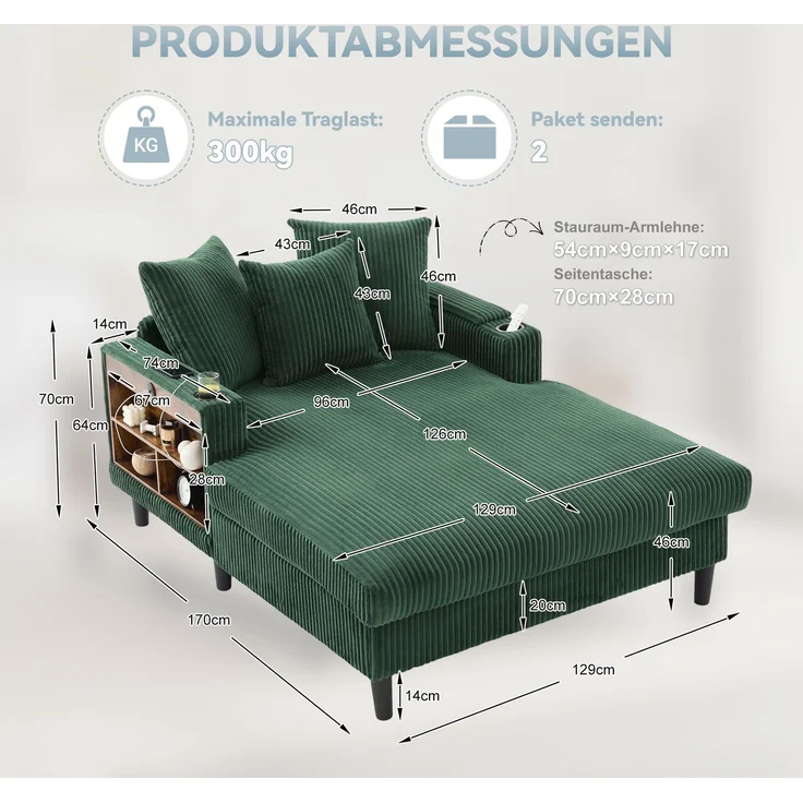 LVHOM Schlafsofa mit LED & USB, Chaiselongue mit Becherhalter & Stauraum, großes Einzelsofa bis 300kg belastbar, inkl. 3 Kissen, 129x170cm, Grün – Bild 7