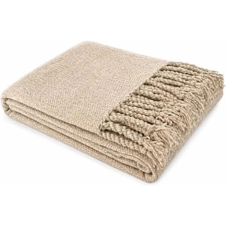 Winter Kuscheldecke mit Fransen » Chenille Wolldecke » Wohndecke im Boho Style » Couchdecke 130x170cm » creme-braune Decke