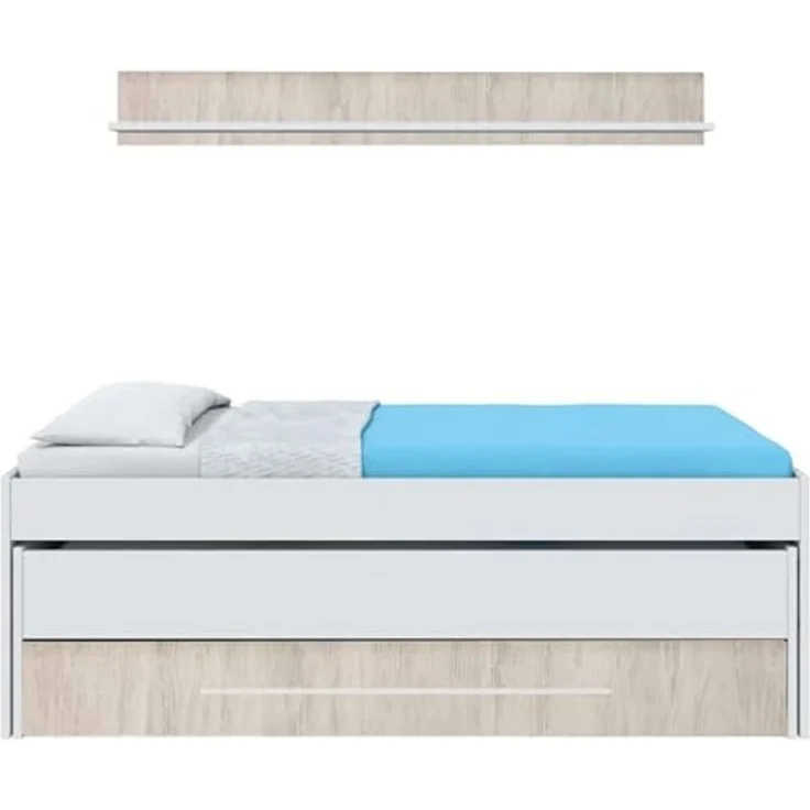 Habitdesign, Kinder- und Jugendbett mit 2 Liegeflächen, Schublade und Regal, platzsparendes Funktionsbett in Artik Weiß und Velho, Maße: 96 x 65 x 199 cm (B x H x T), Modell Elliot (ohne Lattenrost) – Bild 5
