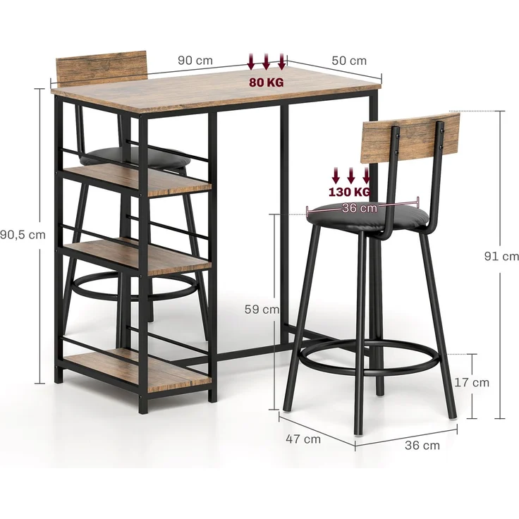 Bartischgruppe H 90,5 x T 50 x B 90 cm mit 3 Ablagen, Stahlgestell und 2 Barhockern – Bild 4