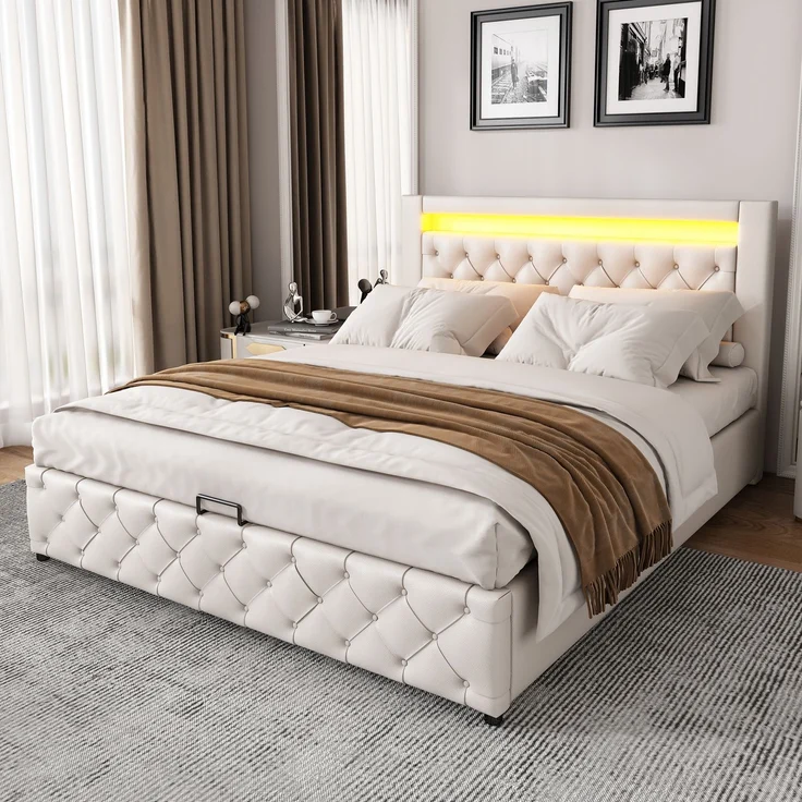 Lit rembourré 140 x 190 cm, entièrement fonctionnel, avec un sommier à lattes et un espace de rangement, rangement hydraulique, éclairage LED, blanc, matériau PU. – Bild 4