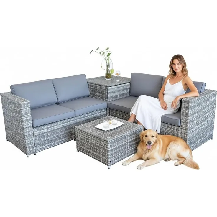 XXL PolyRattan Sitzgruppe + Auflagenbox Garten Sofa Sitzgarnitur Gartenset Grau