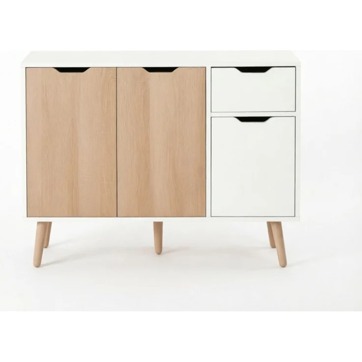 DESVIAE Sideboard Weiß/Helleiche aus Spanplatte/Kiefernholz – 90x72x30 cm – 2 Schränke, Schublade – Bild 7