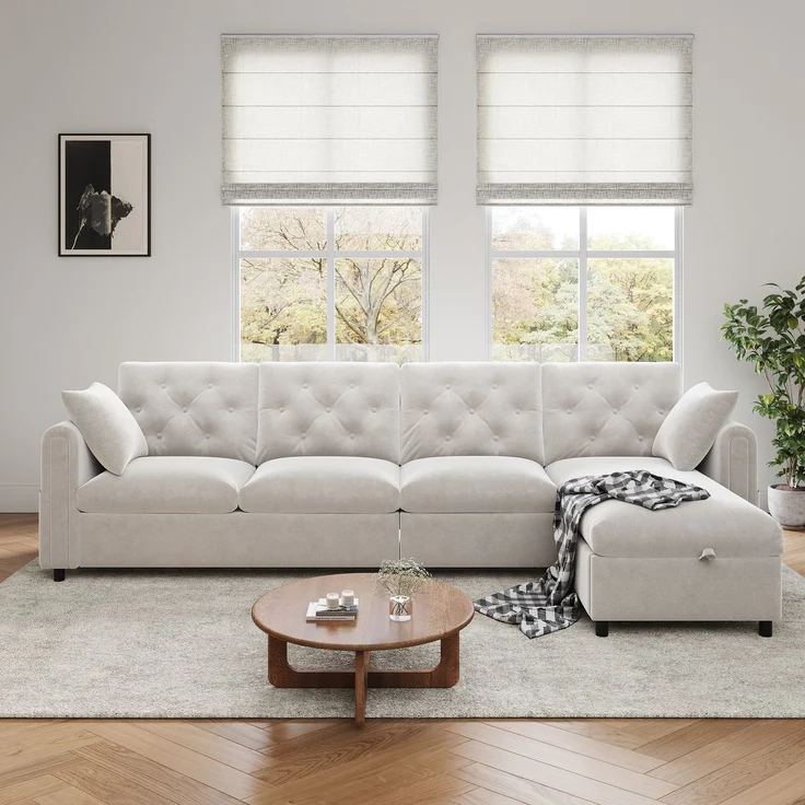 EINHOM Moderns sofa mit Stauraum im Eckbereich , L-förmiger Stauraum im Eckbereich links und rechts verstellbar, Seitliche Armlehnen mit Magazintaschen, Rückenlehne mit Knopfheftung. Beige. (281 x 86 x 71 cm) – Bild 1