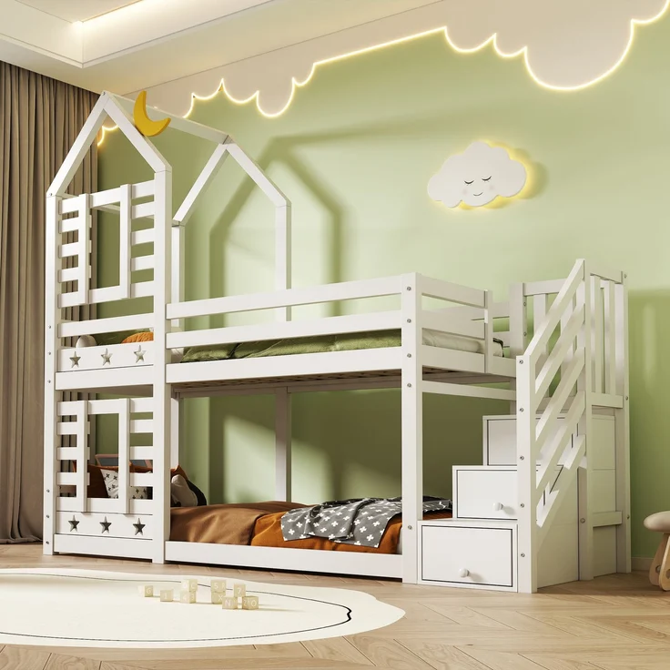 Etagenbett 90x200 cm mit Treppe und Stauraum, Sterne & Monde Design, Hausrahmen, Kiefer-Massivholz, Weiß, Kinderbett – Bild 1