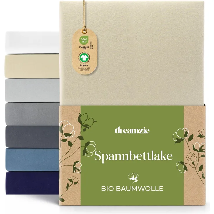 Dreamzie Premium Spannbettlaken 90x200 cm bis 100x200 cm Beige, Spannbetttuch aus 100% Jersey Biobaumwolle, 150 g/m² - Oeko-TEX
