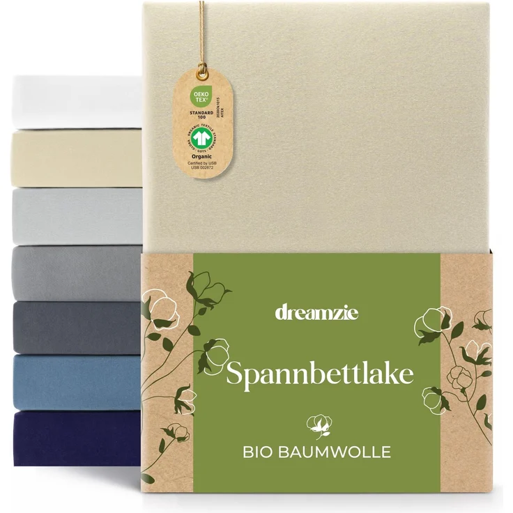 Dreamzie Premium Spannbettlaken 90x200 cm bis 100x200 cm Beige, Spannbetttuch aus 100% Jersey Biobaumwolle, 150 g/m² - Oeko-TEX