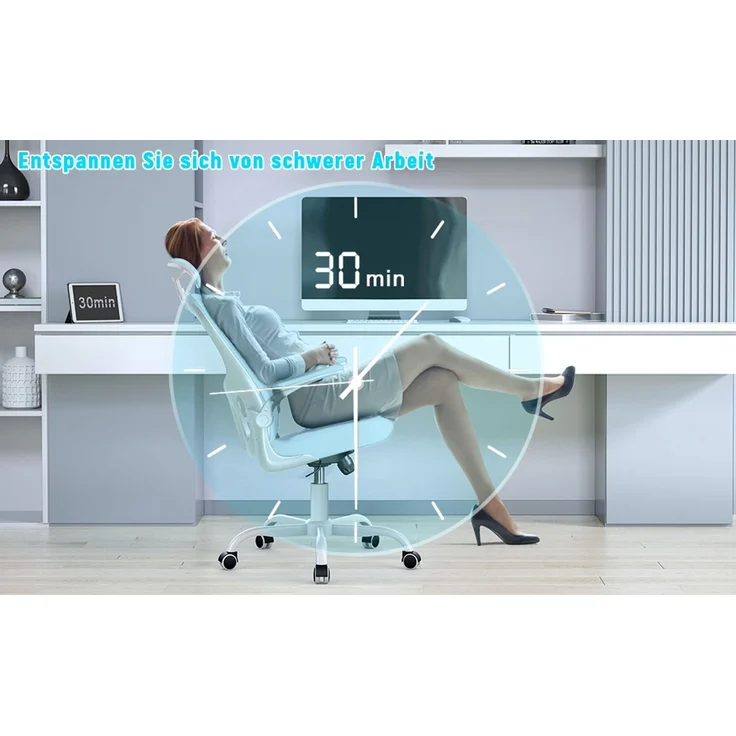 Botifly Ergonomischer Bürostuhl mit Kopfstütze, Mesh-Gewebe, Hellblau, 90°-120° Wippfunktion, 10 cm Höhenverstellbar – Bild 8