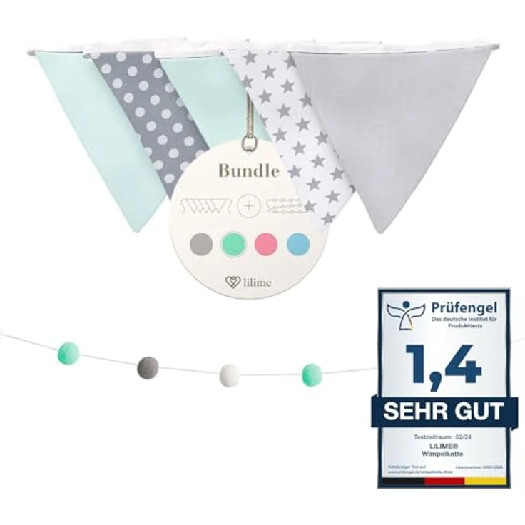 lilime® Wimpelkette Inkl. GRATIS Girlande ideal für Dekoration im Kinderzimmer - Unsere Wanddeko für dein Kind - Super süße Deko für jedes Babyzimmer (1. 9M/Grau-Weiß-Mint) – Bild 2