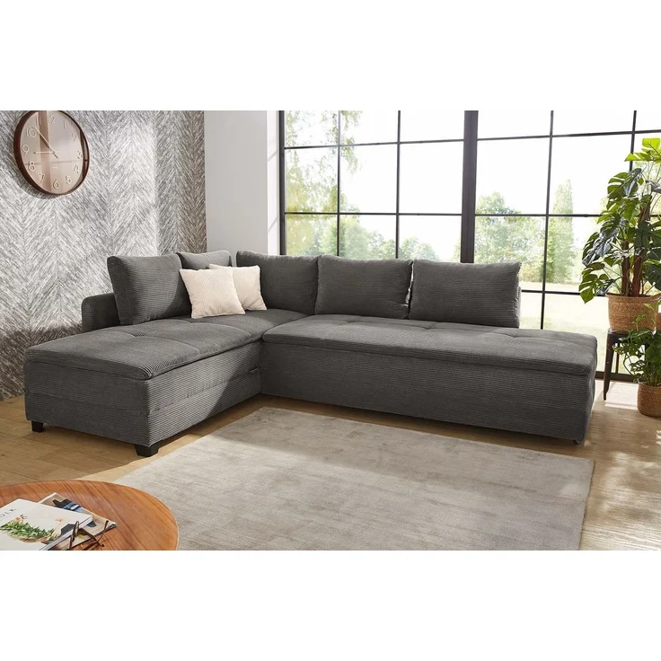 Ecksofa-Dauerschläfer Doppelbett Federkern Bettkasten Couch Cord Dunkelgrau – Bild 2