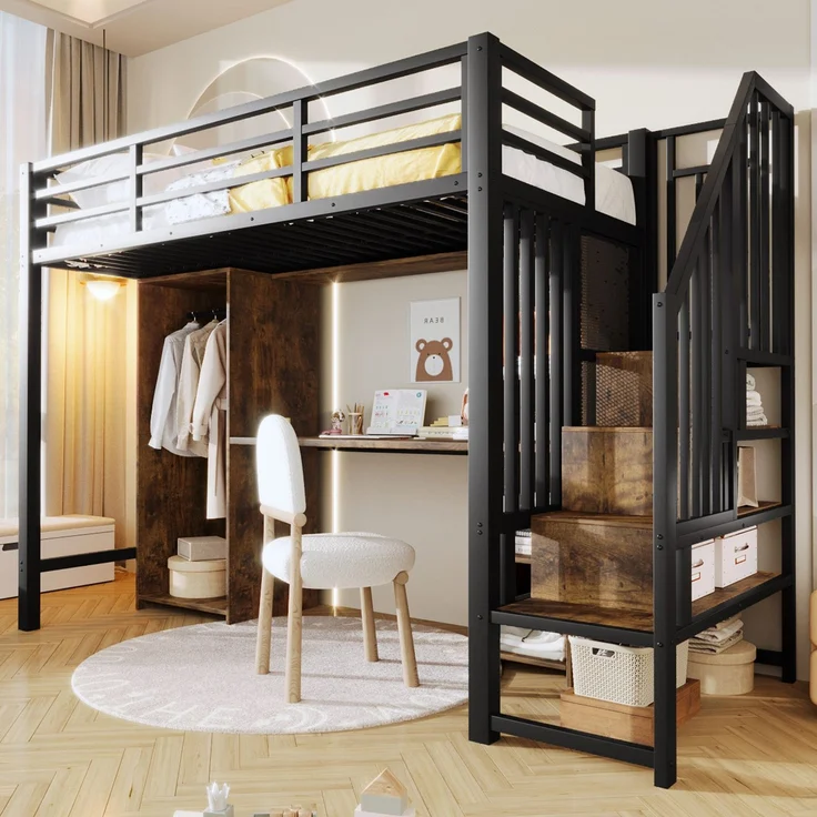 Hochbett mit Schreibtisch, Bücherregal, Kleiderschrank und Rausfallschutz, 90x200cm, Treppe mit Regal, Kinderbett, Metallbett – Bild 3