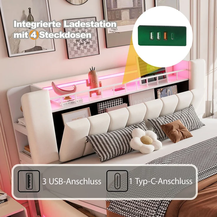 EINHOM Smartes Polsterbett 160 x 200 cm mit LED-Beleuchtung, USB- und Hydraulischem Stauraum, Weichem Samtbezug und Metallrahmen Beige, (Ohne Matratze) – Bild 3