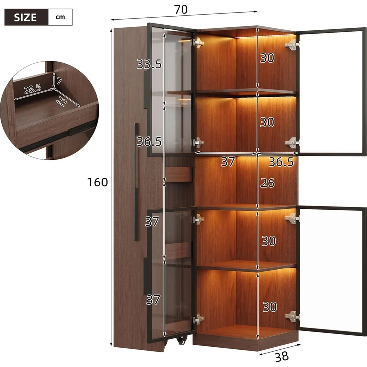 Vitrinenschrank 70x38x160 cm in Walnussoptik mit LED-Beleuchtung und ausziehbaren Seitenregalen – Bild 5