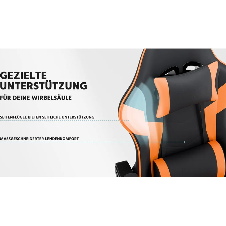 Gaming-Stuhl, PVC-Leder, ergonomisch, mit verstellbarer Rückenlehne & Fußstütze, 58,5x63x120,5 cm, Schwarz+Orange – Bild 7
