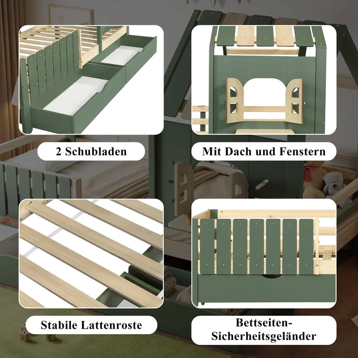 Hausbett mit Rausfallschutz, Lattenrost und Schubladen, 90x200 cm, Kinderbett, Kiefer, Einzelbett – Bild 4