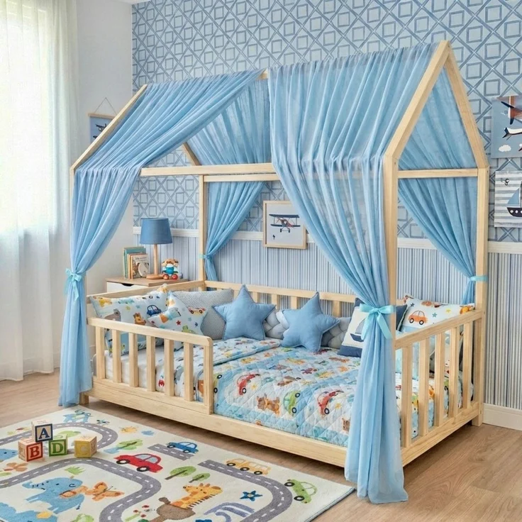 Baby Fancyroom Betthimmel Betthimmel Tüll Hausbett Kinderbett 2 Stück 340cm 380cm Montessori (3-tlg. Set mit 2x Betthimmel und einer 20er Pomponkette, Baldachin, Kinder Betthimmel Baldachin Himmel Deko Set), Betthimmel für Hausbett Montessori – Bild 1