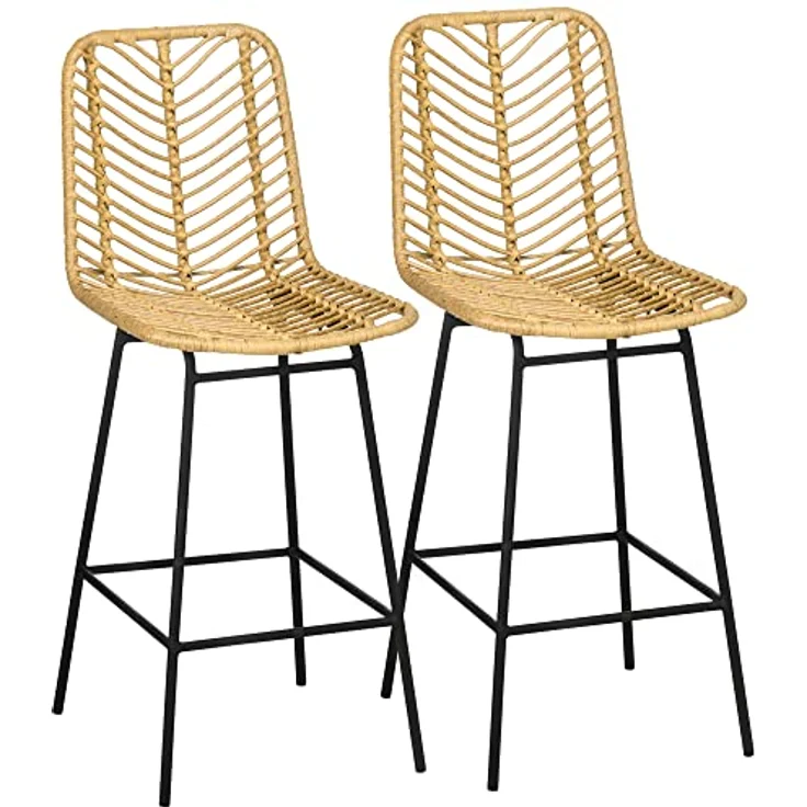 HOMCOM Barhocker Rattan Barhocker Satz (Barhocker, 2 St, Esszimmerstühle), Gelb+Schwarz 52 x 42,4 x 102 cm – Bild 2
