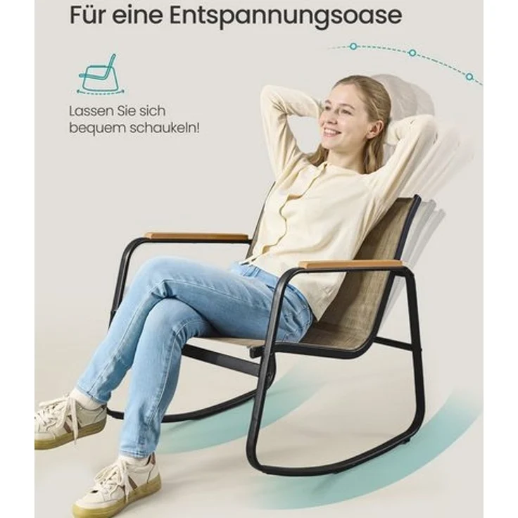 SONGMICS Gartenmöbel-Set, Balkonmöbel, 2 Schaukelstühle mit Tisch, Bank, Stahl, mit Armlehnen, atmungsaktiv, braun – Bild 3