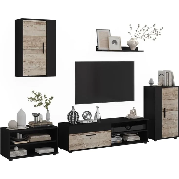 Wohnwand Berno Schwarz/Sandeiche 5-teiliges Set Vicco – Bild 5