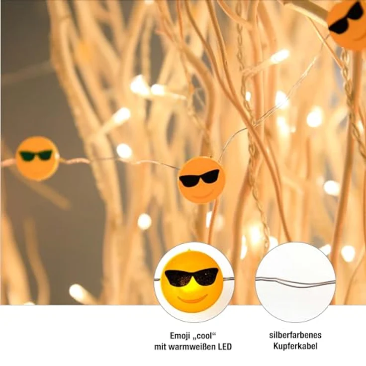 hellum LED Kupfer-Lichterkette, Cool-Emoji mit 2 cm Durchmesser, 10 warmweiße LEDs, 90 cm Lichtlänge, Kabel silber, Indoor, batteriebetrieben (2AA), 522952 – Bild 5