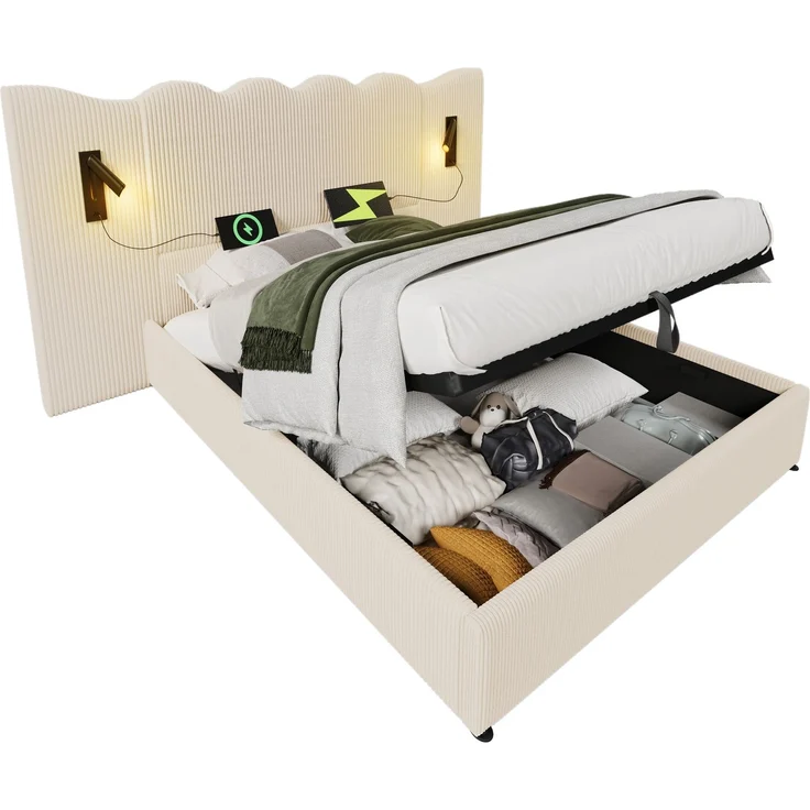 Holzbett 180x200 cm, mit hydraulischem Bettkasten, mit Lattenrost und ohne Matratze, mit Cordbezug, Beige – Bild 10