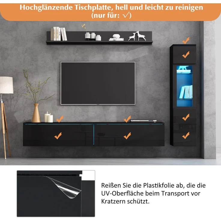 Flieks Wohnwand 3-teilig mit RGB-LED, TV-Lowboard, Vitrine und Wandregal für TVs bis 80 Zoll, Hochglanz Schwarz – Bild 7