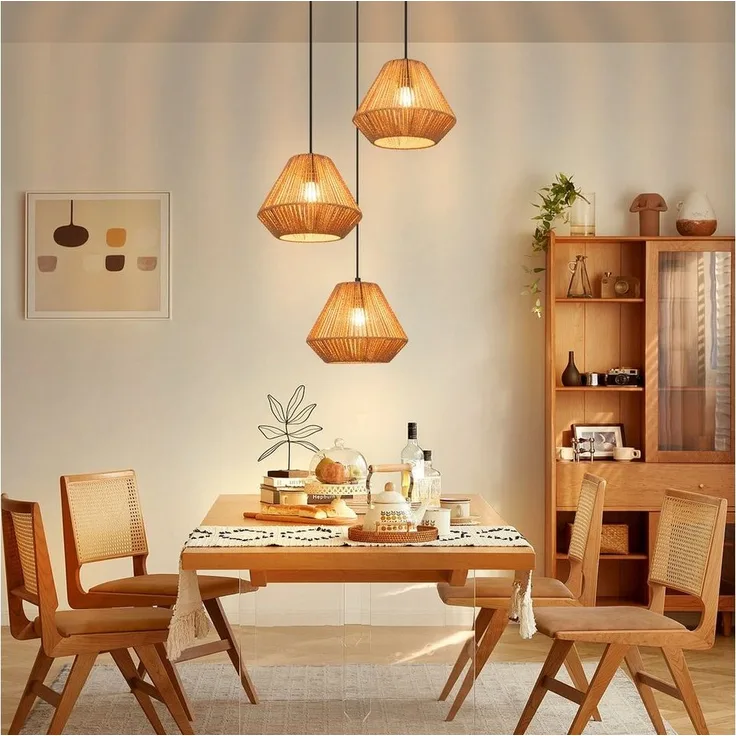 Nettlife Pendelleuchte Rattan 3 flammig Höhenverstellbar Boho E27 Hängeleuchte, Diamantflecht, Ohne Leuchtmittel, für Schlafzimmer Wohnzimmer/Ohne Leuchtmittel